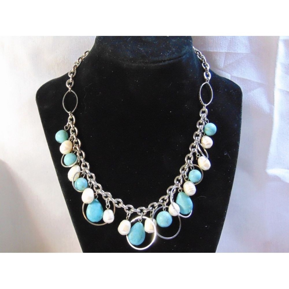 LIA SOPHIA STATEMENT NECKLACE WOMEN 19IN SILVER TURQUOISE PEARL EXCELLENT DANGLE
